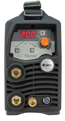 Framifrån av en JASIC PRO TIG 200 PFC Puls JT-200P-PFC-svetsmaskin, med olika rattar och kontakter, med en digital display som visar "200.