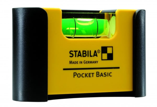En gul och svart Fickvattenpass STABILA POCKET BASIC, tillverkad i Tyskland, med grönt vätskerör för mätning.