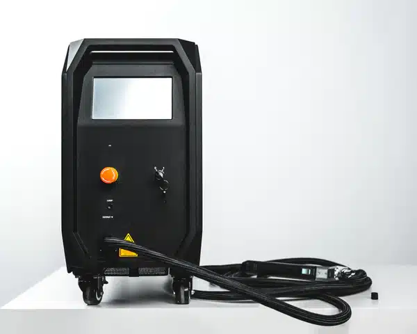 En svart, rektangulär Handhållen lasersvets Maxphotonics MA1-45 med skärm och manöverrattar kopplade till kablar, placerad på en vit yta.