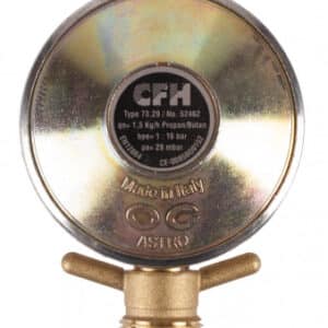 Propan/butangasregulator i mässing och metall märkt "Made in Italy" med urtavla och anslutningsmunstycken. Modellen är märkt "CFH LÅGTRYCKSREGULATOR GASOL 29MBAR" och varumärket verkar vara "ASTRO.