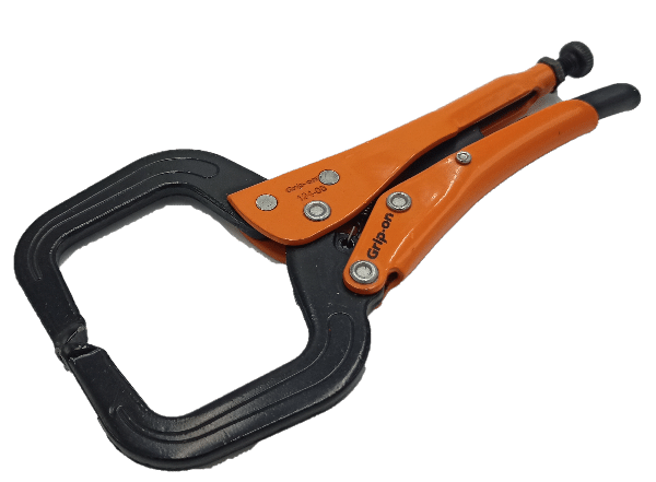 Orange och svart GRIP-ON SVETSTÄNGER 124 LÅS C-KLÄMMA 0-400 MM med rektangulär spännback, visad på vit bakgrund.