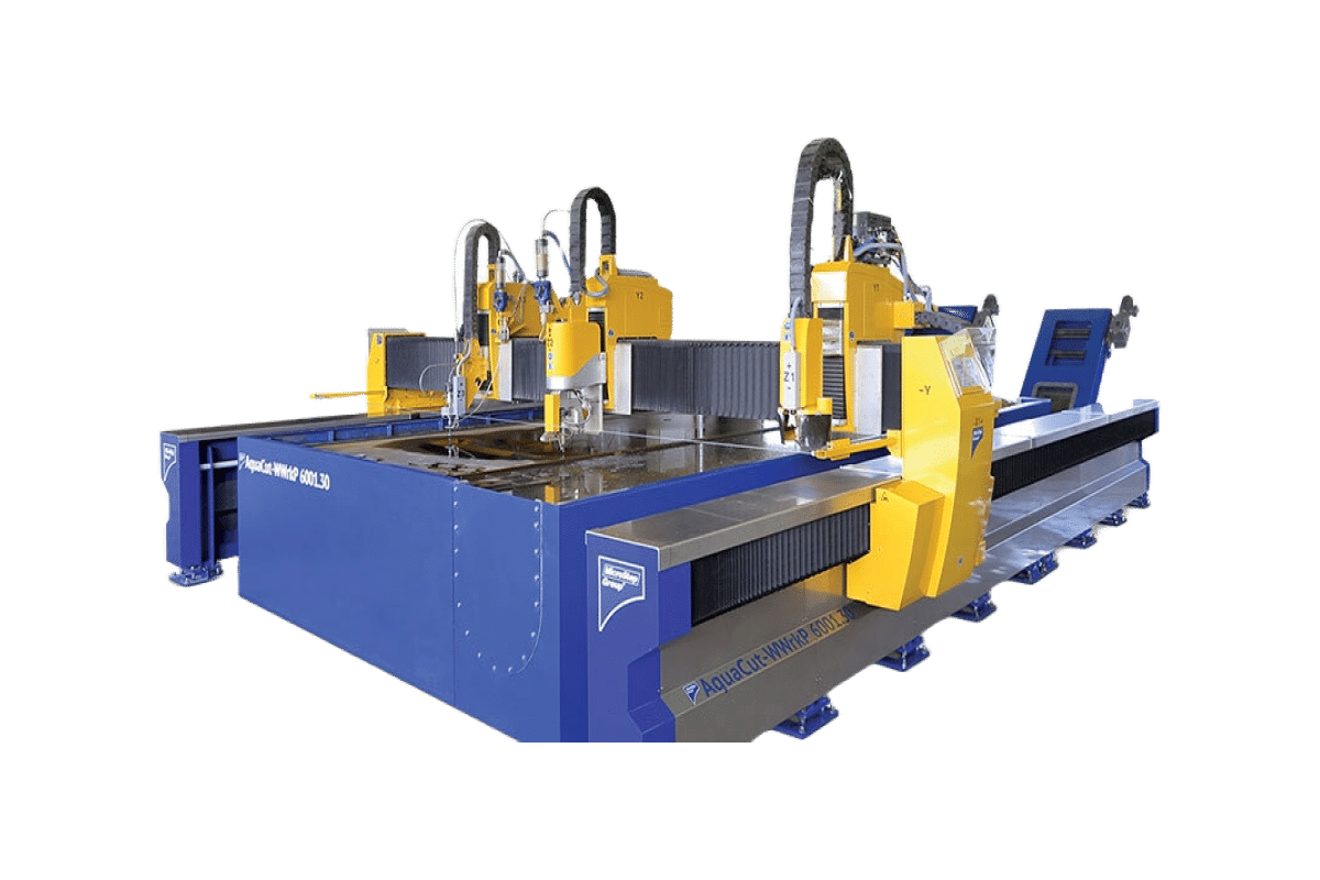 En stor industriell CNC-maskin med flera robotarmar och skärverktyg, främst i blå och gula färger, designad för exakta bearbetningsuppgifter.