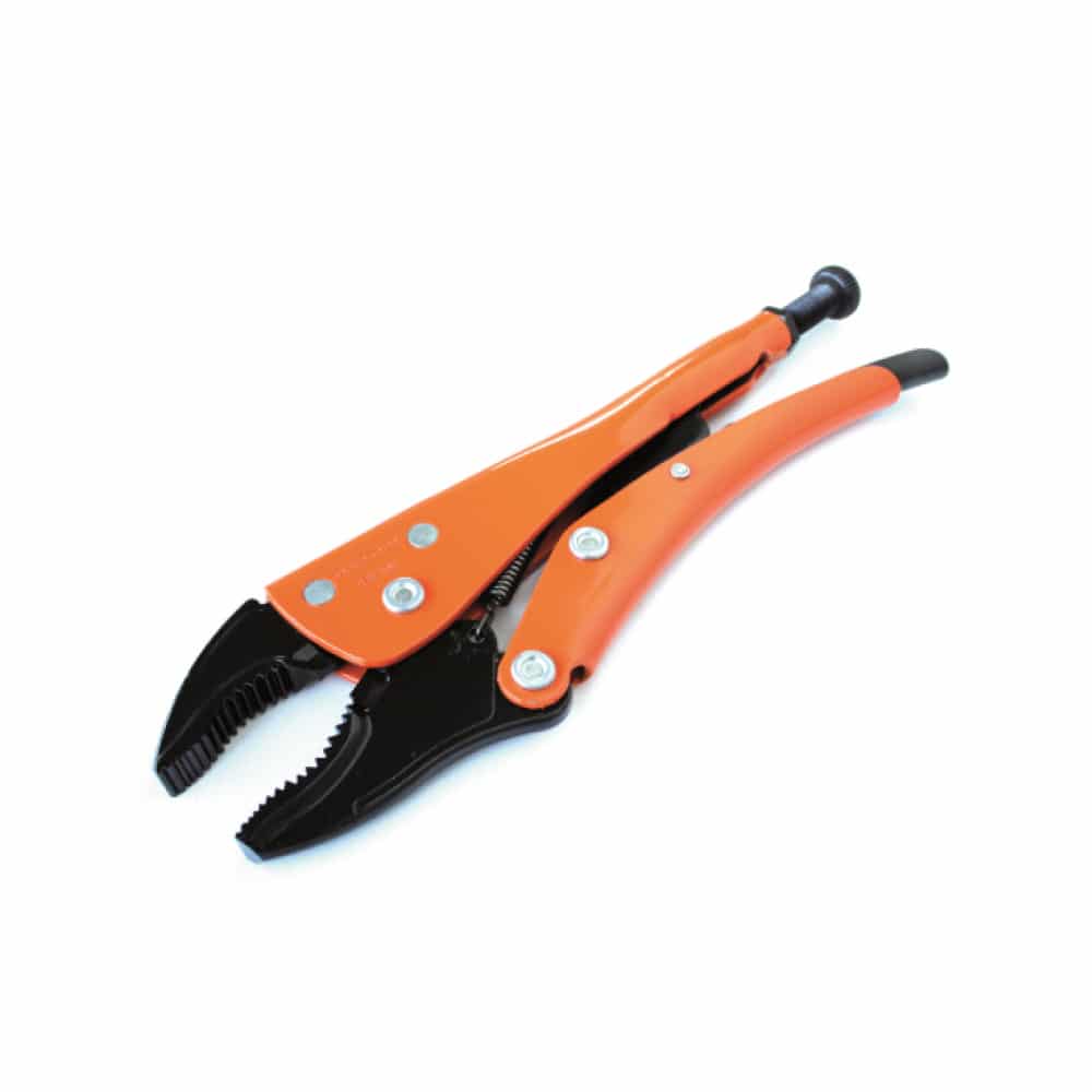 Ett par orange och svarta GRIP-ON SVETS/LÅSTÅNGSSET med spänningsjusteringsskruv i handtagets ände.