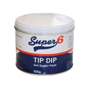 En 500g burk Svetspasta TIP DIP med vitt lock och blå, röd och vit etikett.
