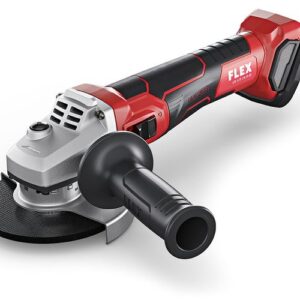 En röd och svart FLEX Batteridriven vinkelslip med broms 18,0 V, 125 mm LB 125 18,0-EC C med sidohandtag, märkt "FLEX" på handtaget.
