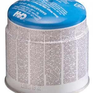 En liten, rund blå och silver CFH BUTANGASBEHÅLLARE 190G kanister märkt med olika användnings- och säkerhetsinformationstexter.
