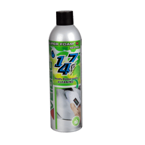 En silversprayburk märkt "Veidec Super Foam Neutral 500ml" med en grön och blå design, med bilder av vattendroppar och en hand som rengör en yta. Produkten beskrivs som lätt biologiskt nedbrytbar.