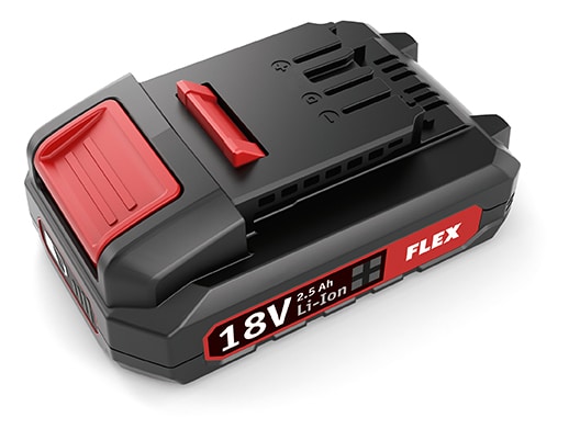 En FLEX Batteri Li-Ion 18,0V 2,5Ah med en svart och röd design, med en rektangulär form och en låsklämma.