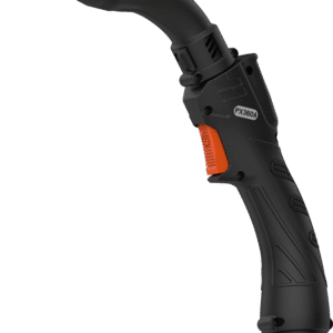 Närbild av Parker utsugspistol MIG PX 360 A svetsbrännare, svart med orange avtryckare, med böjt handtag och munstycke mot en vit bakgrund.