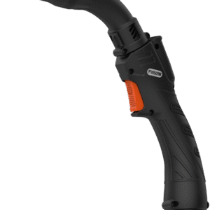 En närbild av Parker utsugspistol MIG PX 501 W Vattenkyld, en svart och orange vattenkyld svetsbrännare med böjt munstycke, mot en vit bakgrund.