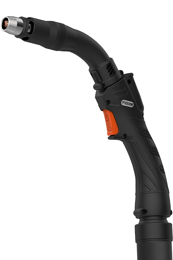 En närbild av Parker utsugspistol MIG PX 501 W Vattenkyld, en svart och orange vattenkyld svetsbrännare med böjt munstycke, mot en vit bakgrund.