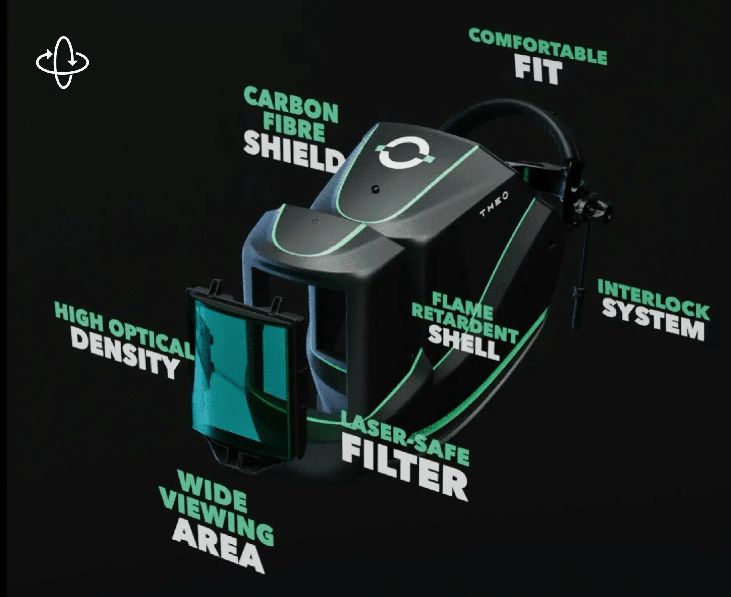 Laserklassad svetshjälm THEO VIZ-R2 är en svart och grön hjälm med kolfibersköld, bekväm passform, interlocksystem, flamskyddat skal, lasersäkert filter, brett synfält och hög optisk densitet.