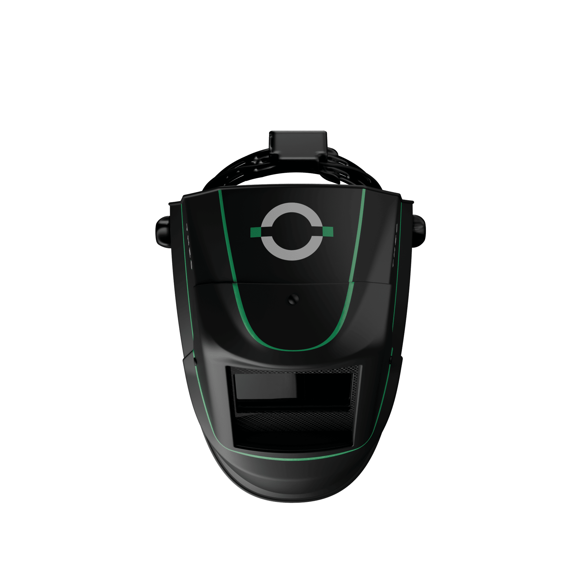 Laserklassad svetshjälm THEO VIZ-R2 är en svart svetshjälm med gröna detaljer, ett rektangulärt visningsfönster framtill och en cirkelformad design nära toppen, mot en vit bakgrund.