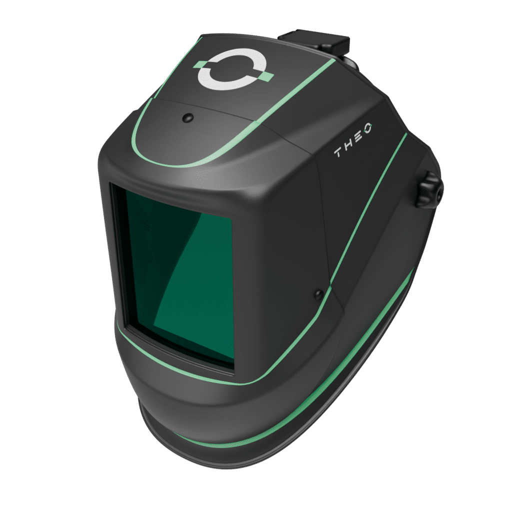 Laserklassad svetshjälm THEO VIZ-R2 är en svart svetshjälm med en kantig design, ett rektangulärt gröntonat visir, tunna gröna accentlinjer, texten "THEO" och en cirkelformad logotyp på framsidan.