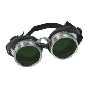 Svetsglasögon 5 DIN: Svarta skyddsglasögon med mörka runda linser, silverfärgade kanter och ett justerbart svart band, mot en vit bakgrund.