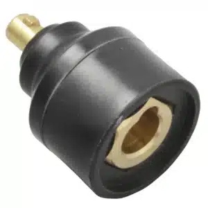 En närbild av Adapter DIX 10-25 till 35-50, en svart och guldfärgad cylindrisk svetskabelkontakt med metalliska inre komponenter, sedd från en vinkel.