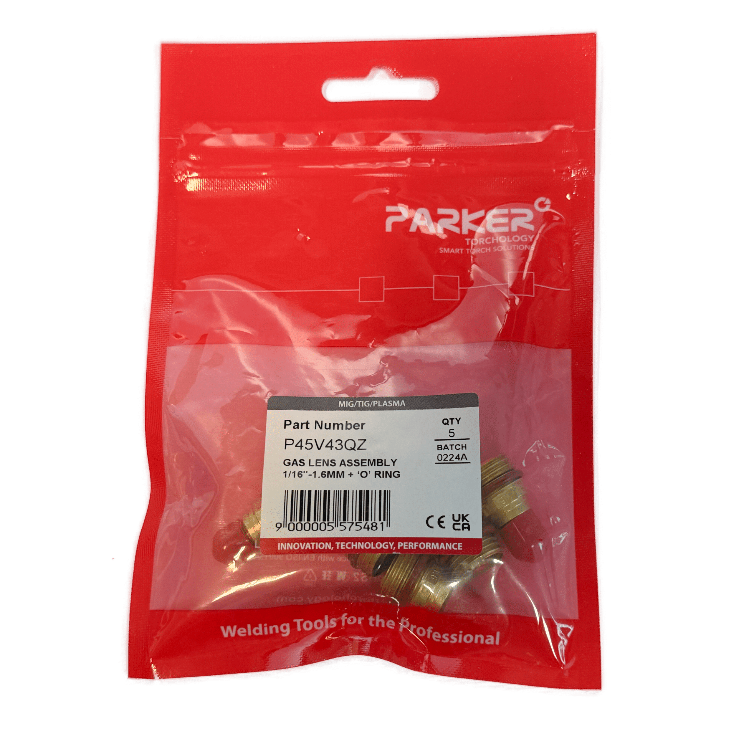 En förseglad röd "Parker"-plastförpackning märkt Gaslins till FRK-kåpor, Lilla Linde innehåller fem delar för montering av gaslinser, artikelnummer P45V43QZ, storlek 1/16"-1,6mm.