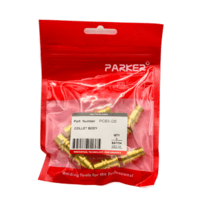 En förseglad röd plastpåse märkt "Parker" innehåller 5 Munstycksfäste (collet body) till Quartz-TIG-kit stora linde Stubby kort. De mässingsfärgade delarna visas med en vit etikett: "Artikelnummer PCB3-GS, QTY 5, BATCH 0821K." Visas på en vit bakgrund.